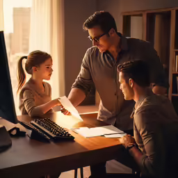 a father and daughter are sitting at a desk