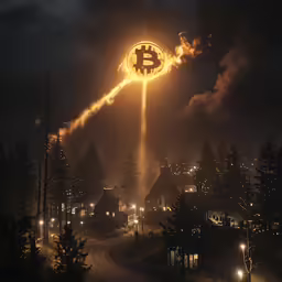 a lit sign being blown by a very large amount of fog in a dark night