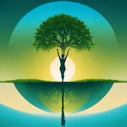 an artistic illustration of a person standing on the edge of a lake in front of a tree,a painting of a person standing next to a lake