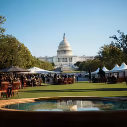 people are sitting and drinking in front of an oval pool with umbrellas in the foreground
