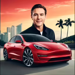 a car and an artistic image of man behind it
