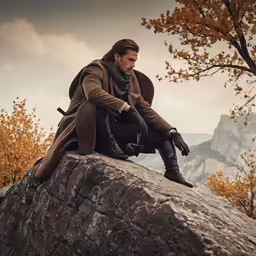a man sits on a large rock with his hands clasped