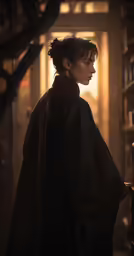 the woman in a robe is staring ahead