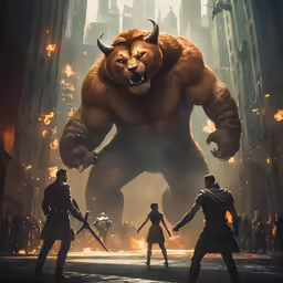 a giant bear standing in a city with other people