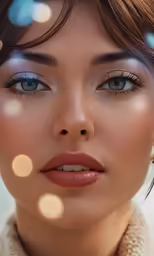 a close up of a woman with blue eyes and brown hair