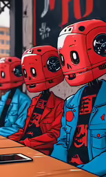 three red robot heads are sitting in rows on a table