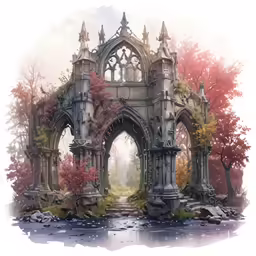 a painting of a scenic area with a water feature and trees