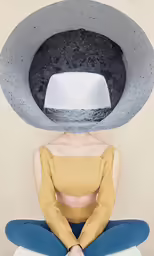 a woman with a large hat sitting on top of a pot