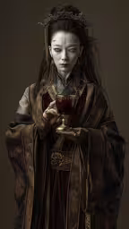 a woman with dark makeup and white head dress,the corpse corpse doll is dressed as a geisha