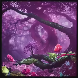 a painting with a purple forest and various kinds of flowers