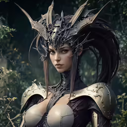 a woman in armor poses near some plants