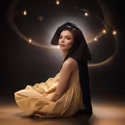 an artistic photograph of a woman in a yellow dress with a nun outfit on