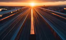 the sun is setting over the train tracks