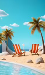 two lounge chairs sitting next to an in the water pool