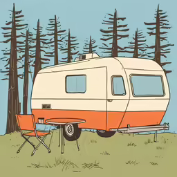 an orange and white camper is parked by a tent