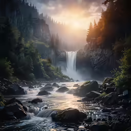 a waterfall near a forest in the afternoon