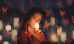 a woman holding a candle with a red background