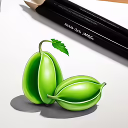 pencils and pencil drawing green vegetables with leaves