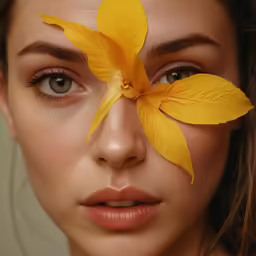 a woman is posing with a yellow flower in her eye