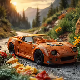 an orange lego car parked on the side of a road