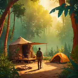 a man with hiking gear looking at a tent,a man in camouflage stands on the dirt road
