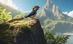 a bird on a rock with hills and trees in the background