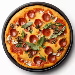 the small pizza has lots of toppings on it