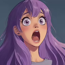 an animated girl with purple hair making a shocked face