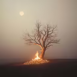 there is a tree that has the bark and branches covered with lights