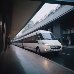 the passenger train is traveling past two buildings