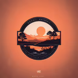 a circle painting that is made of black and orange color,a sunset view with a round frame and some trees