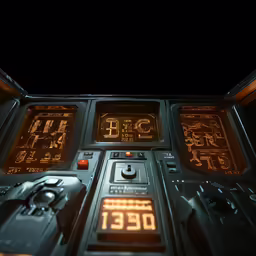 cockpit display, closeup, with electronic buttons and buttons