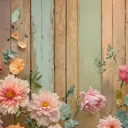 many pink and green flowers growing over wood,a bouquet of pink and yellow flowers in front of wood planks
