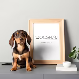 a dog on a desk next to a framed photo