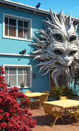 a statue of a dragon sitting next to a blue building