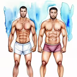 two men wearing different colored underwear in the same,a painting of two men in underwear with bare chestes,two men in underwear standing side by side in front of a watercold painting,the same bodysuit is being compared to the same man in another,two men standing in underwear with their arms and legs apart