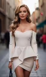 the model is posing in her dress and heels