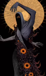 a painting of a black woman in yellow and orange
