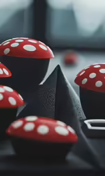 some little red and white mushrooms on black paper