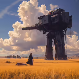 a man stands in the middle of a field beside a giant, heavy - duty gun like vehicle