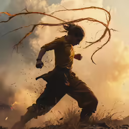 man running away from fire with long hair in a barren area