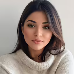 a young woman in white sweater posing for the camera