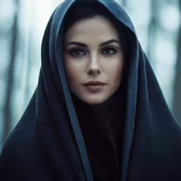 a woman in a hoodie stands near some trees