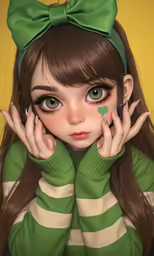 a digital painting of a young girl with a green bow