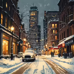 a snow covered city street with cars and people