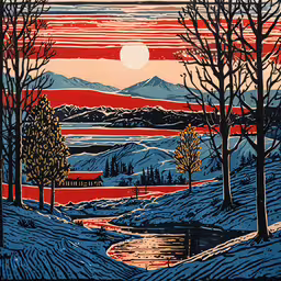 a landscape is shown in an image, with mountains and water,a painting of a sunset and snowy mountains