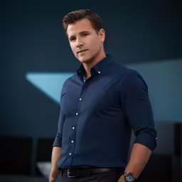 a man wearing black pants and a blue shirt