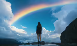 a woman in black is standing under a rainbow