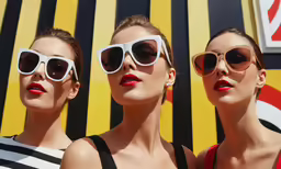 three beautiful women with red lips, wearing sunglasses