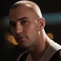 a man wearing a bald head looks to his left